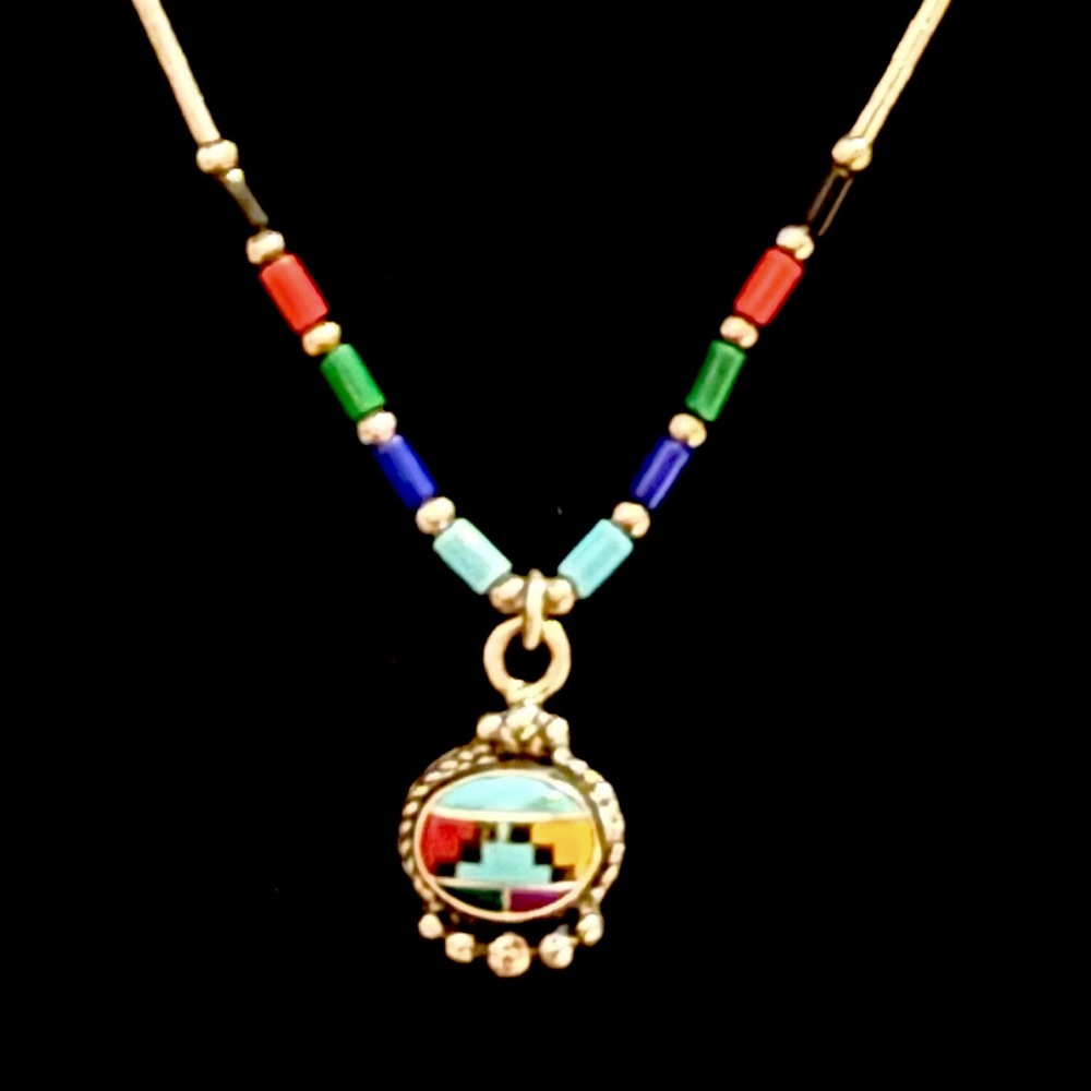 Vintage Chris Beyuka Zuni Inlay Sterling Silver Turquoise Pendant Necklace
